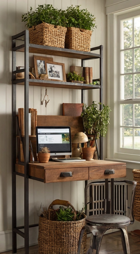 Shiplap walls, farmhouse workspace, neutral office design