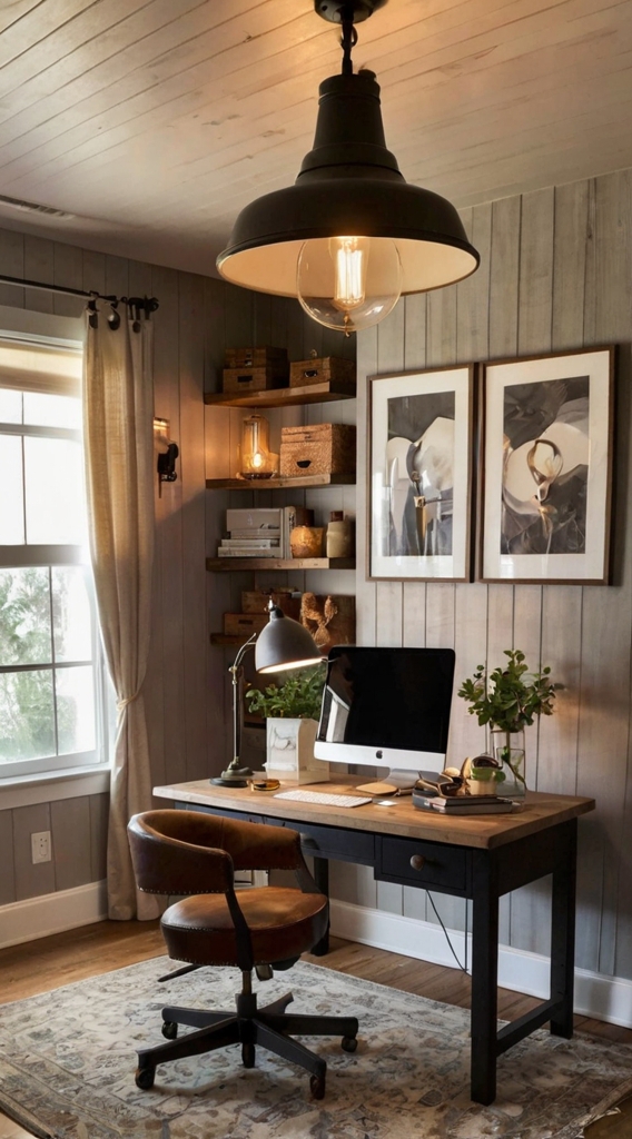 Vintage barn door, farmhouse office remodel, rustic workspace