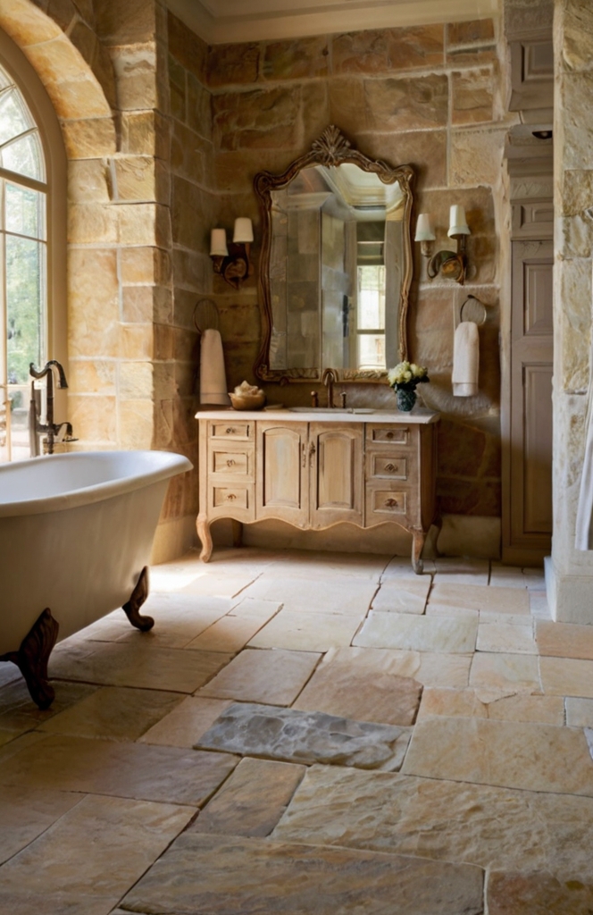 Natural Stone Accents in French Country Bathrooms