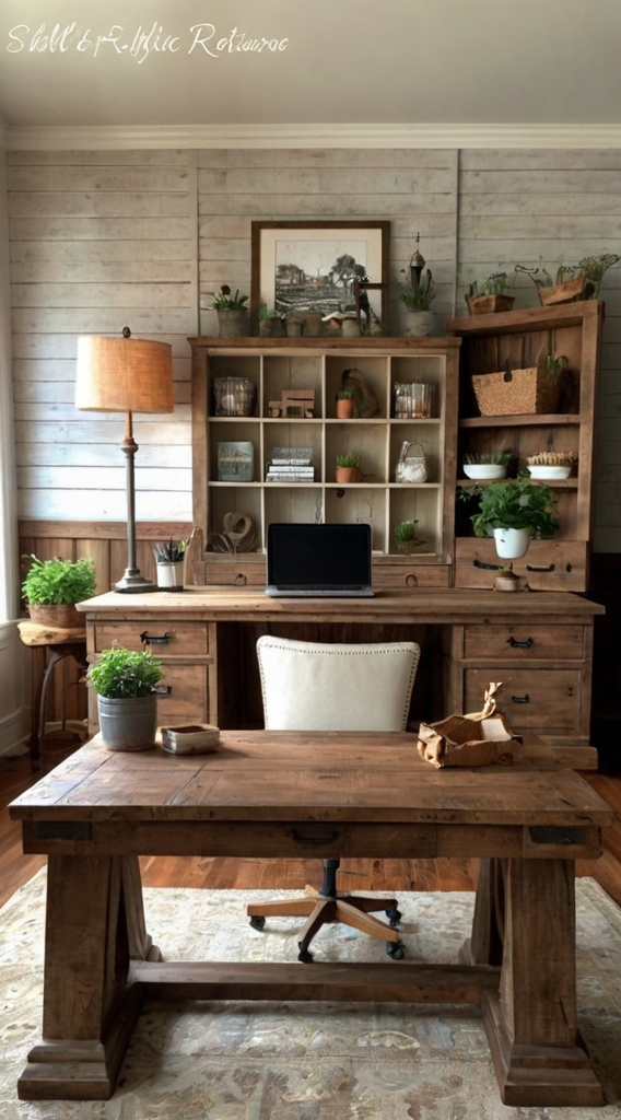 Vintage barn door, farmhouse office remodel, rustic workspace