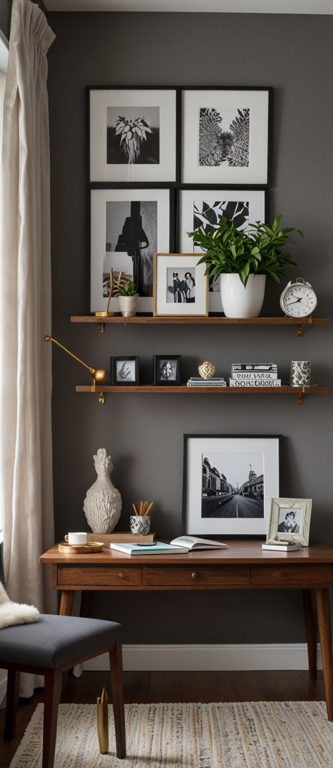 Home Office Decor , Grey Accent Wall, Modern Home Office, Wall Paint Ideas, Interior Design Ideas