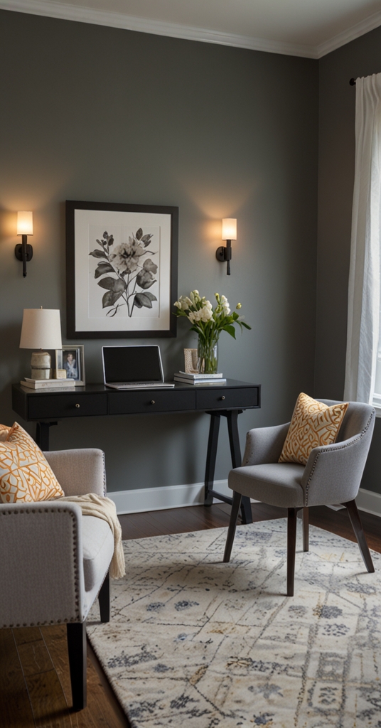 Home Office Decor , Grey Accent Wall, Modern Home Office, Wall Paint Ideas, Interior Design Ideas