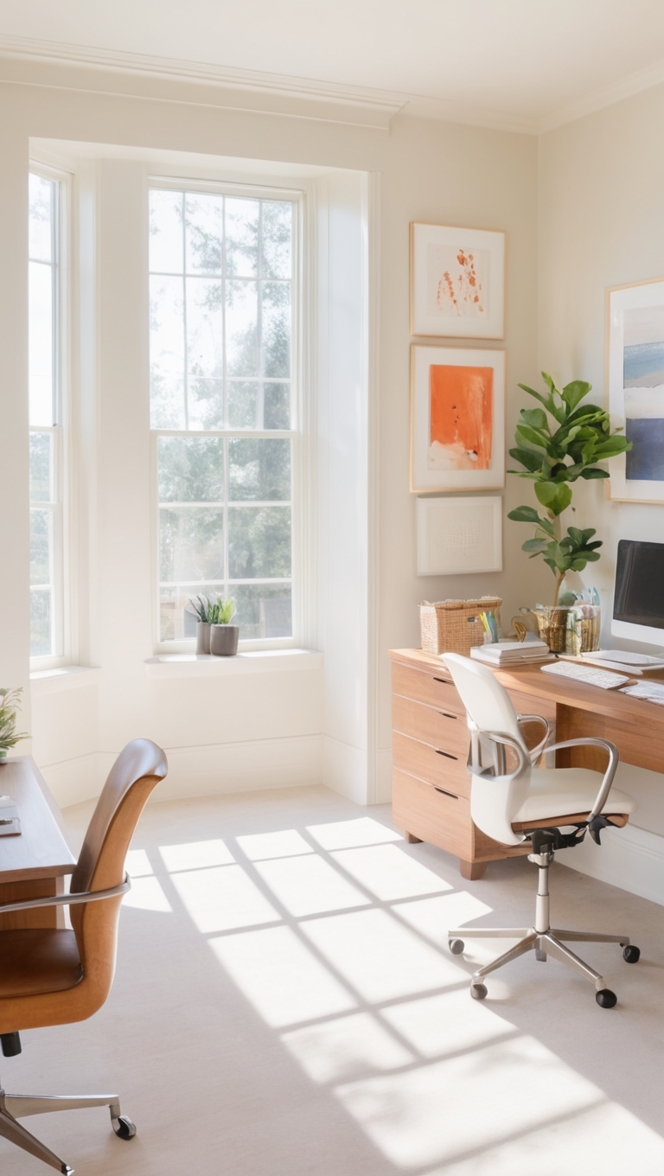 Alabaster white paint, Paint office walls, Warm office decor, Airy workspace, Office painting ideas