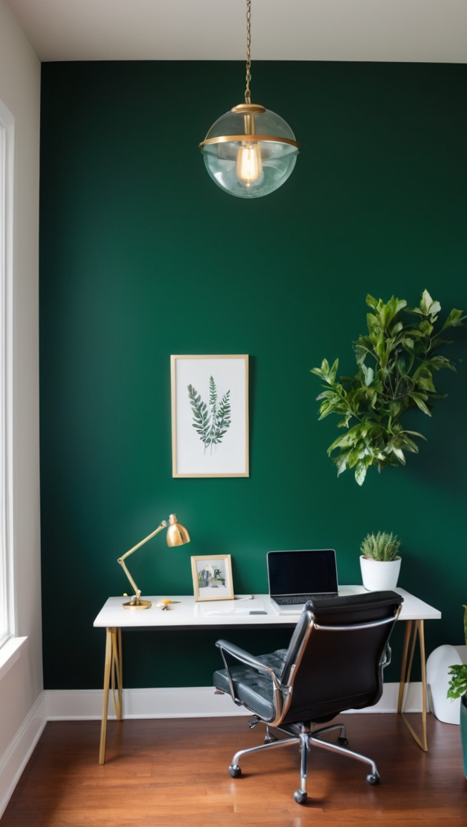 dark green paint, office accent wall, dramatic paint colors, interior design ideas, bold wall colors