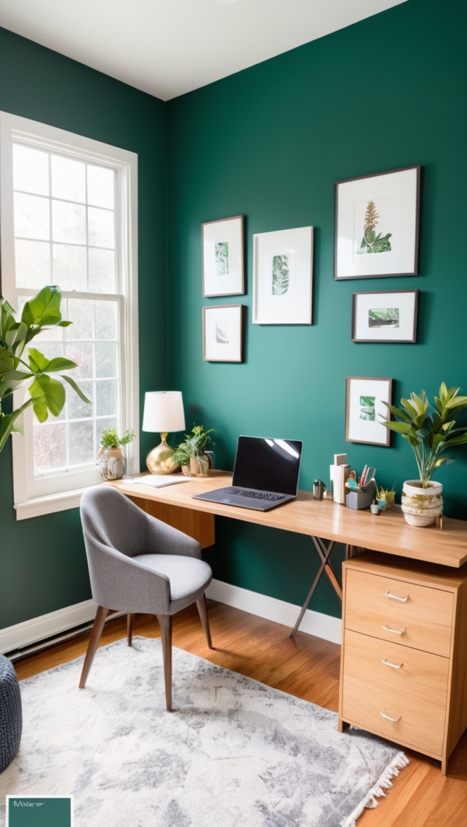dark green paint, office accent wall, dramatic paint colors, interior design ideas, bold wall colors