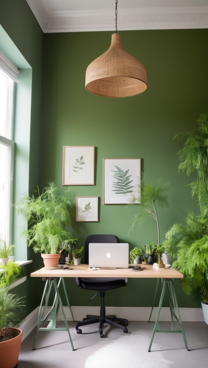 botanical wallpaper, green office decor, plant-themed office, botanical office design, office interior plants
