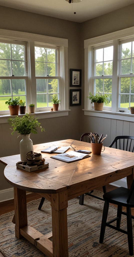 farmhouse decor, rustic office furniture, country home office, vintage office accessories, reclaimed wood desk