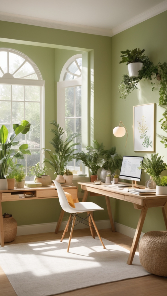 garden-themed office, paint selection, office decor, interior design, greenfield paint