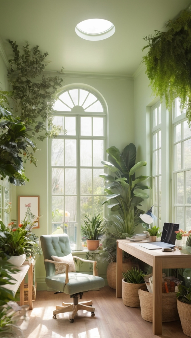 garden-themed office, paint selection, office decor, interior design, greenfield paint