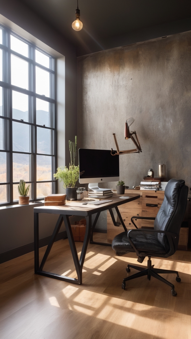 Masculine office decor, Cozy workspace design, Iron Mountain paint, Office renovation ideas, Stylish office decor