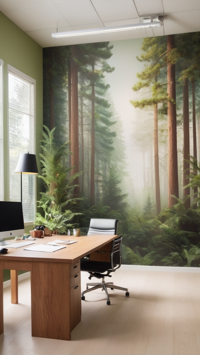 Forest-inspired office, Isle of Pines, office decor, nature-inspired workspace, green office design