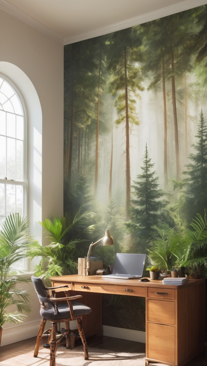 Forest-inspired office, Isle of Pines, office decor, nature-inspired workspace, green office design