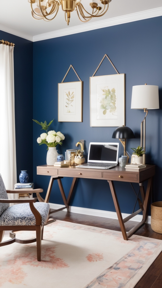 home office decor, navy blue decor, sophisticated home office, bold office design, elegant home office