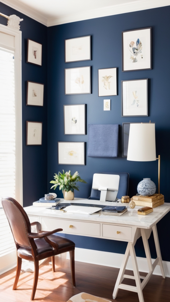 home office decor, navy blue decor, sophisticated home office, bold office design, elegant home office