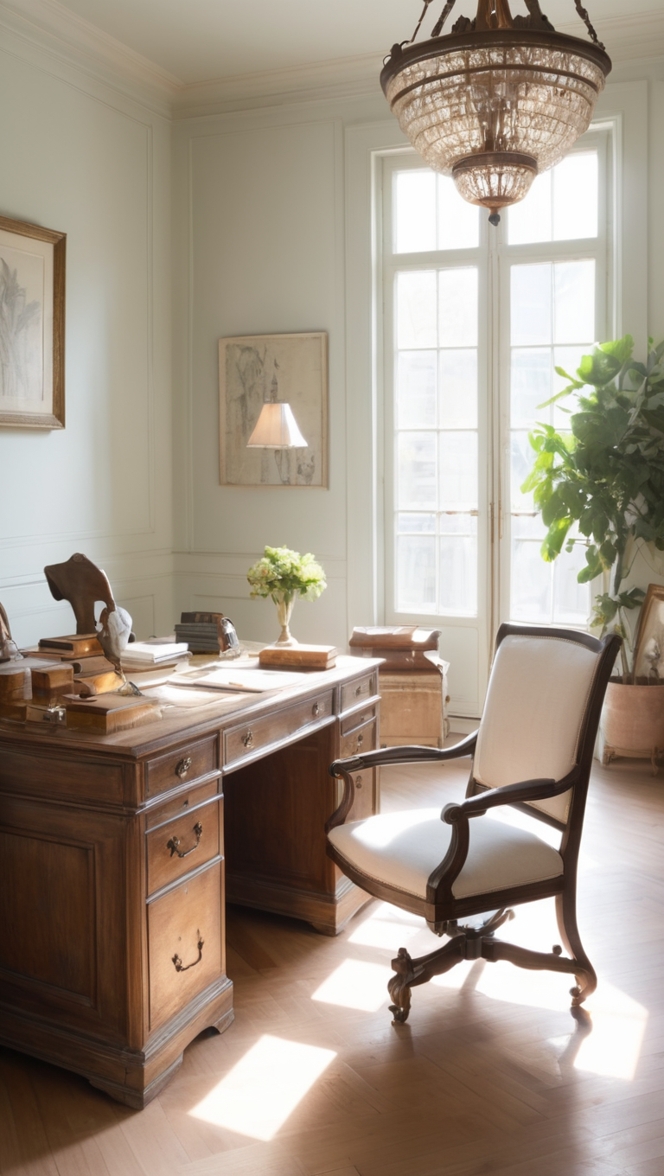 Parisian office decor, elegant French style, chic Parisian design, sophisticated office makeover, classic elegance for office
