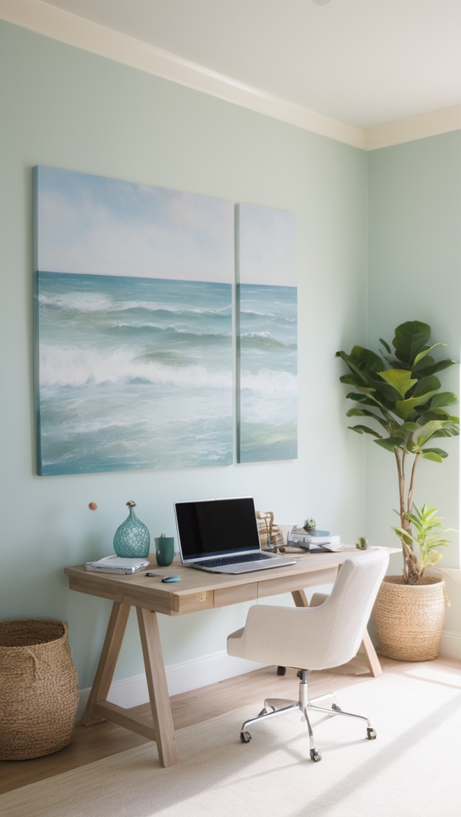 calm office decor, coastal office design, serene workspace, tranquil office setting, calming work environment