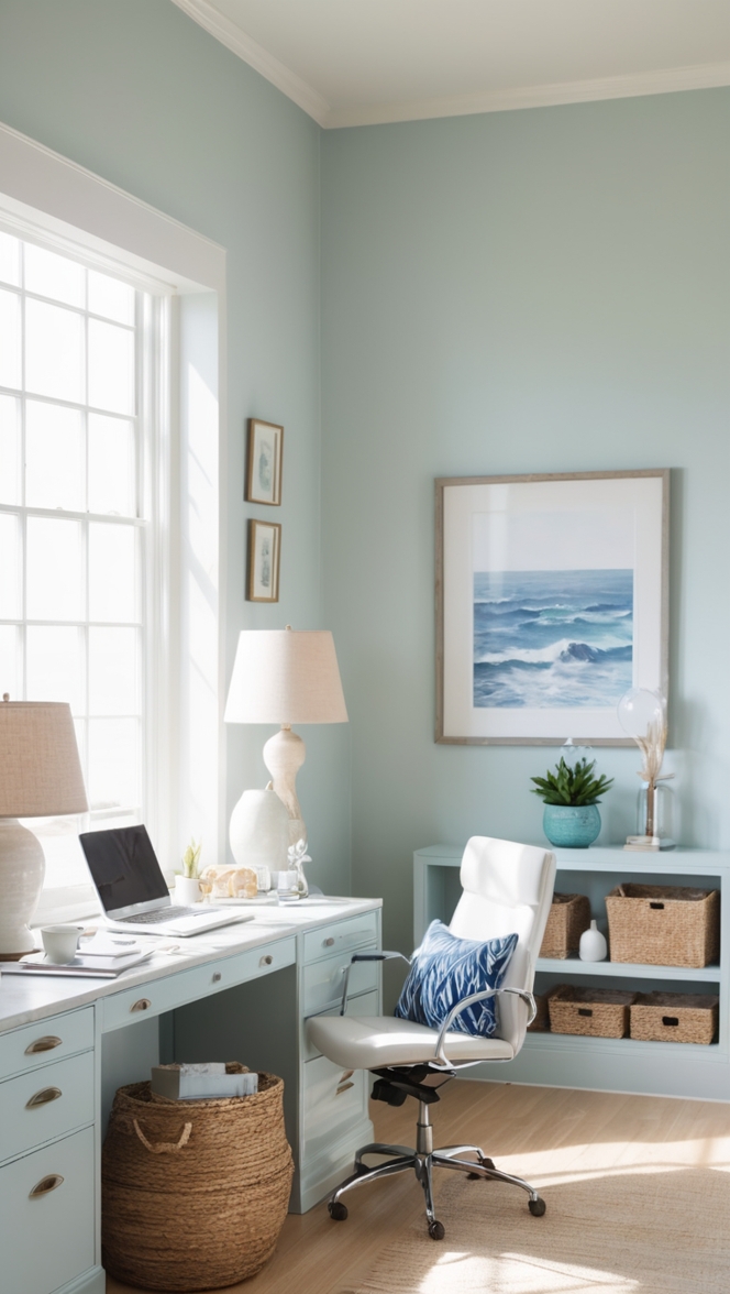 calm office decor, coastal office design, serene workspace, tranquil office setting, calming work environment