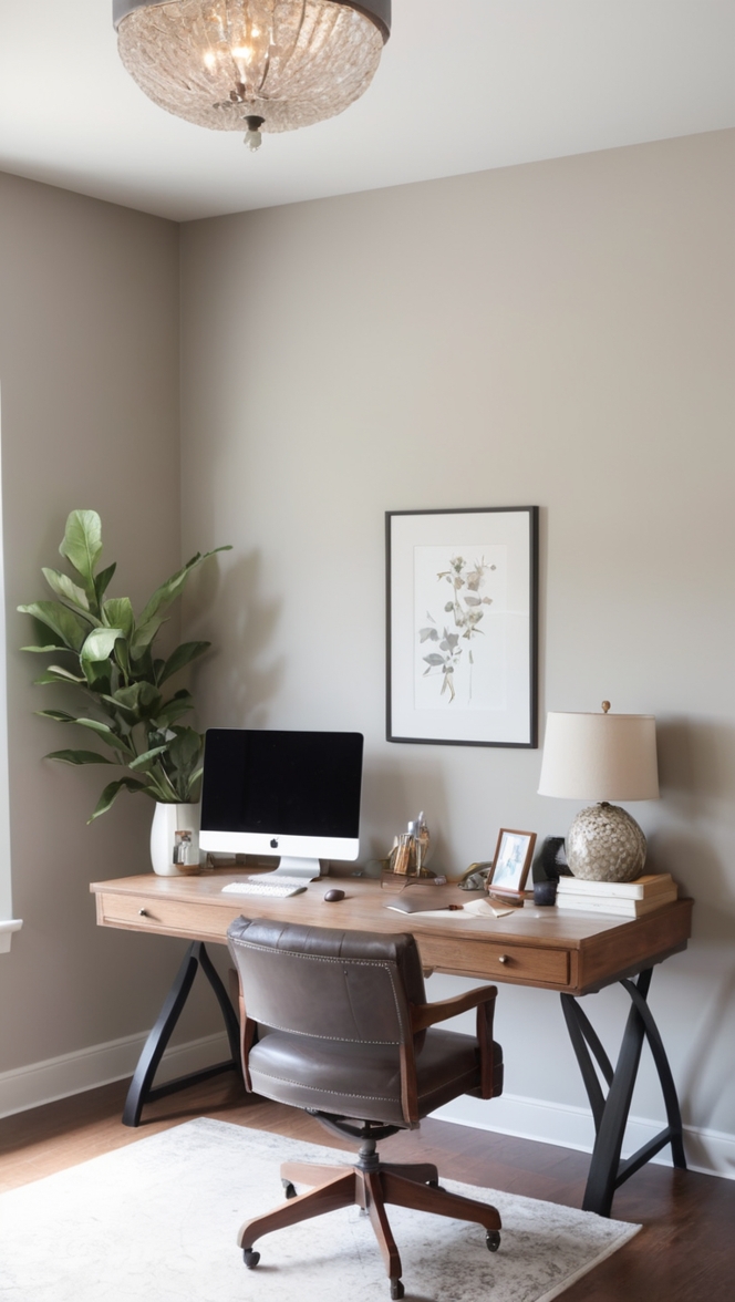 balancing warmth and style, revere pewter office, stylish office decor, interior design inspiration, office wall color