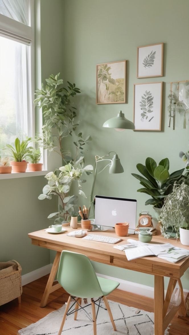 home office decor, remote work setup, work from home space, greenery in home office, home office design