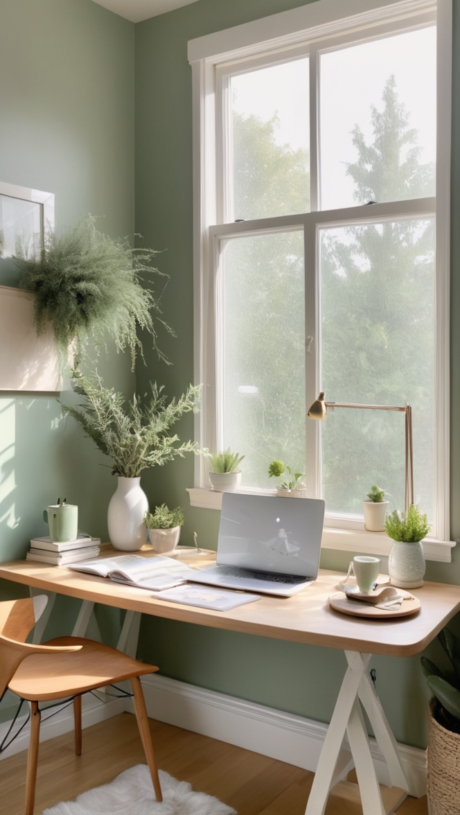 home office decor, remote work setup, work from home space, greenery in home office, home office design