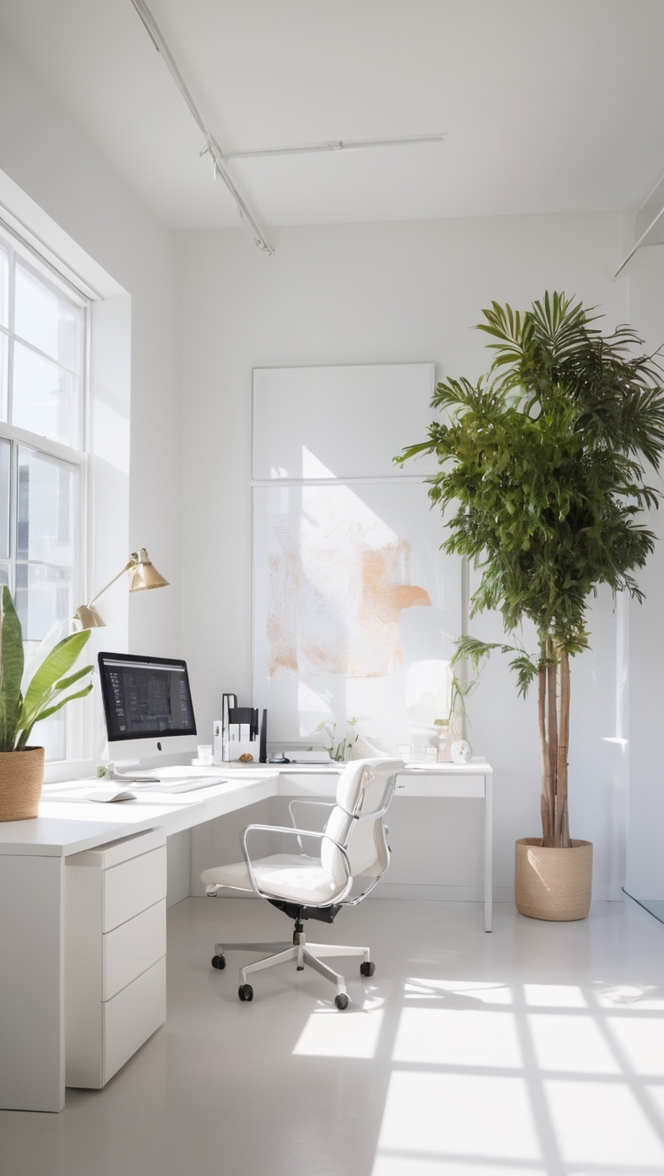 white office design, modern office decor, Minimalist workspace, Office interior design, Contemporary office furniture