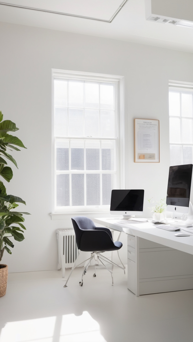 white office design, modern office decor, Minimalist workspace, Office interior design, Contemporary office furniture