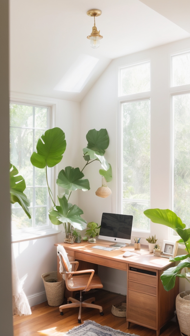 Slow Green Home Office, Serene Office Space, Relaxing Workspace Design, Tranquil Work Environment, Peaceful Office Decor