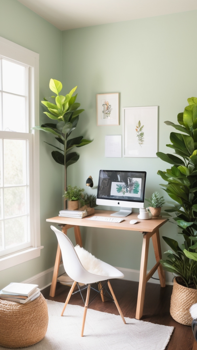 Slow Green Home Office, Serene Office Space, Relaxing Workspace Design, Tranquil Work Environment, Peaceful Office Decor