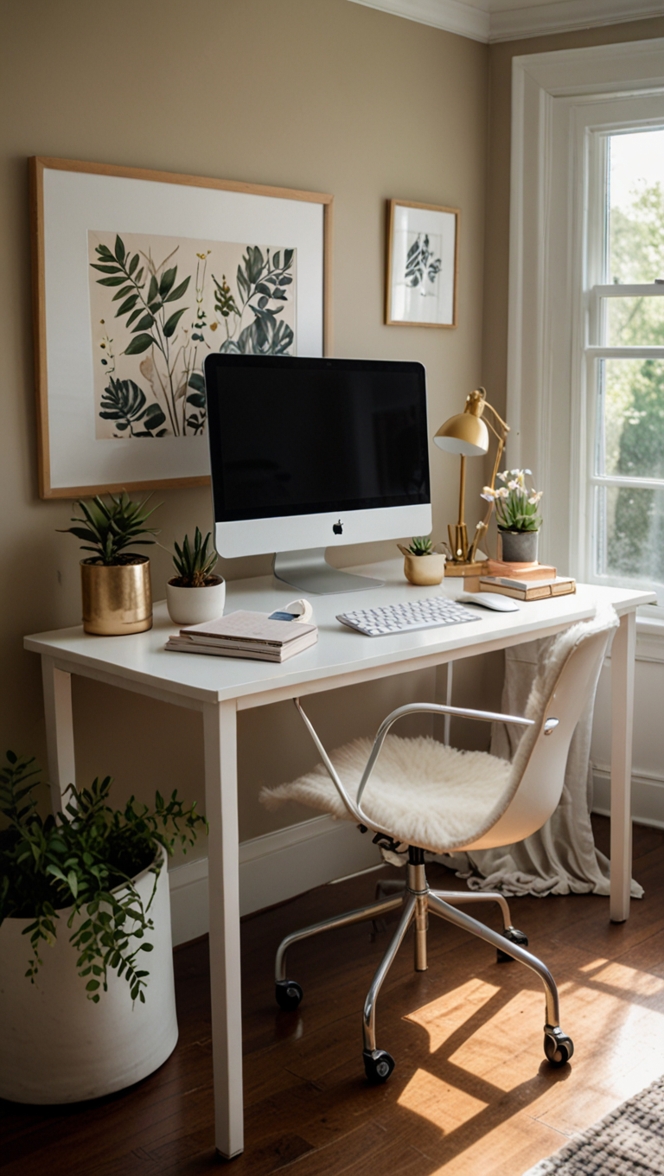 home office design, workspace decor, calming work environment, stress-free work space, productivity-boosting decorations