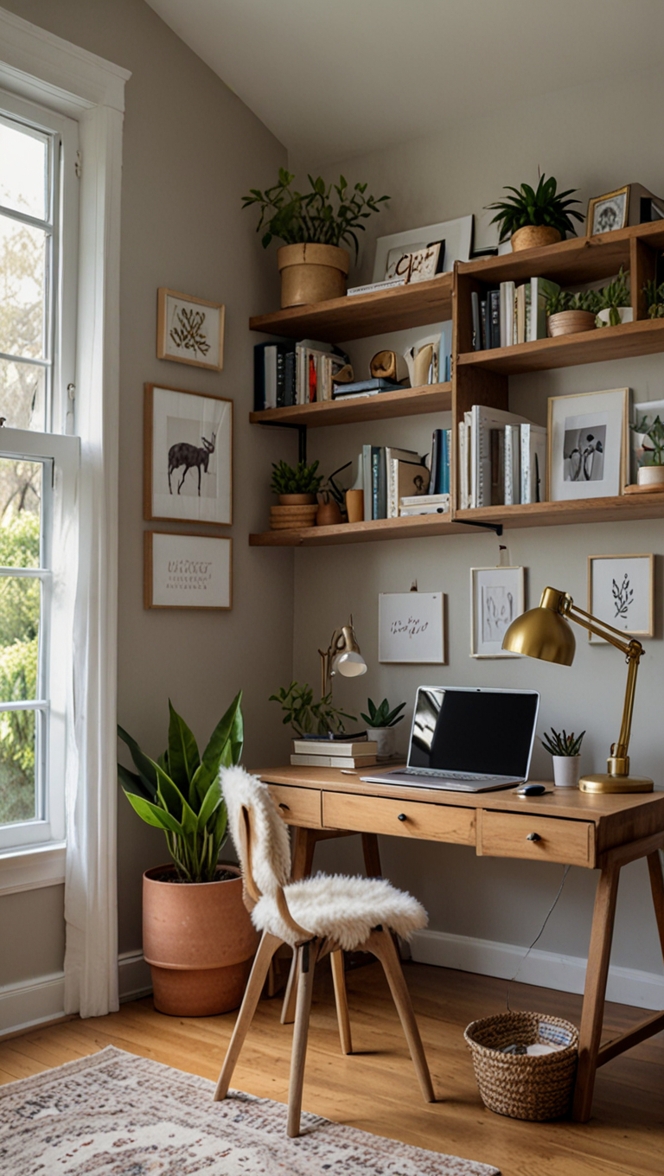 home office design, workspace decor, calming work environment, stress-free work space, productivity-boosting decorations