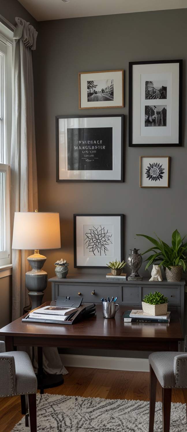Elegant home office decor, Grey wall paint, Stylish office design, Modern office accessories, Contemporary home office ideas