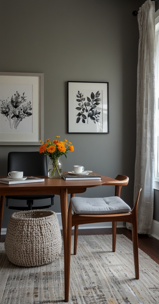 Elegant home office decor, Grey wall paint, Stylish office design, Modern office accessories, Contemporary home office ideas