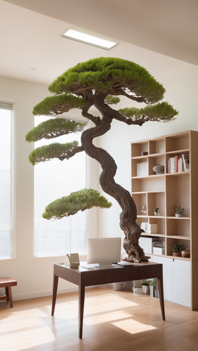 Soft Office Decor, Bonsai Inspired Design, Modern Workspace Enhancement, Minimalist Office Style, Interior Plant Decor