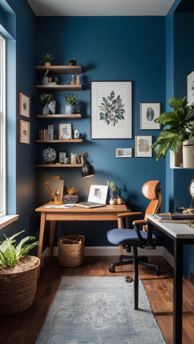 Cadet Blue Paint, Moody Home Office, Home Office Design, Cadet Blue Walls, Dark Home Decor