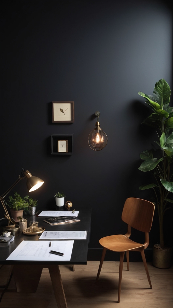 Workspace Design, Elegant Decor, Dark Paint, Dramatic Interior, Stylish Office