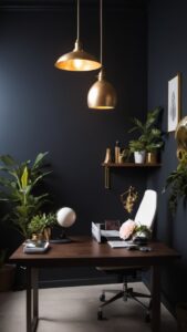 Workspace Design, Elegant Decor, Dark Paint, Dramatic Interior, Stylish Office
