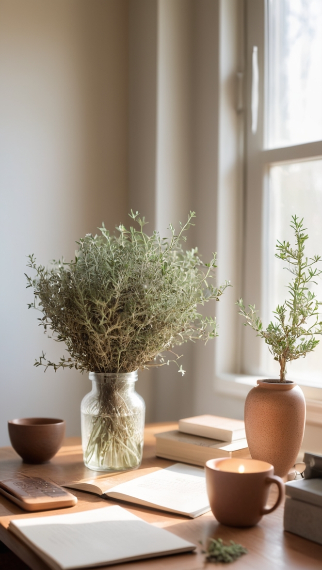 Dried Thyme Decor, Organic Home Office, Natural Office Decor, Thyme Home Design, Eco-Friendly Office Theme