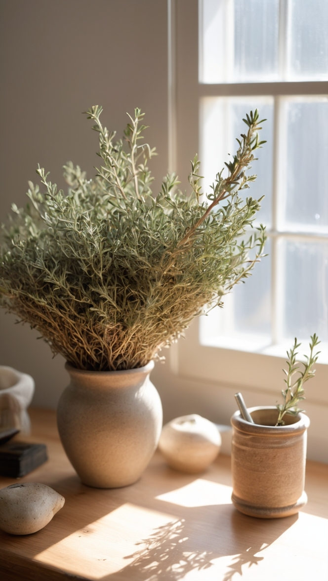 Dried Thyme Decor, Organic Home Office, Natural Office Decor, Thyme Home Design, Eco-Friendly Office Theme