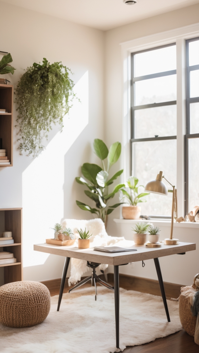 Cozy office decor, Cozy workspace design, Office interior design, Modern office decor, Scandinavian office design