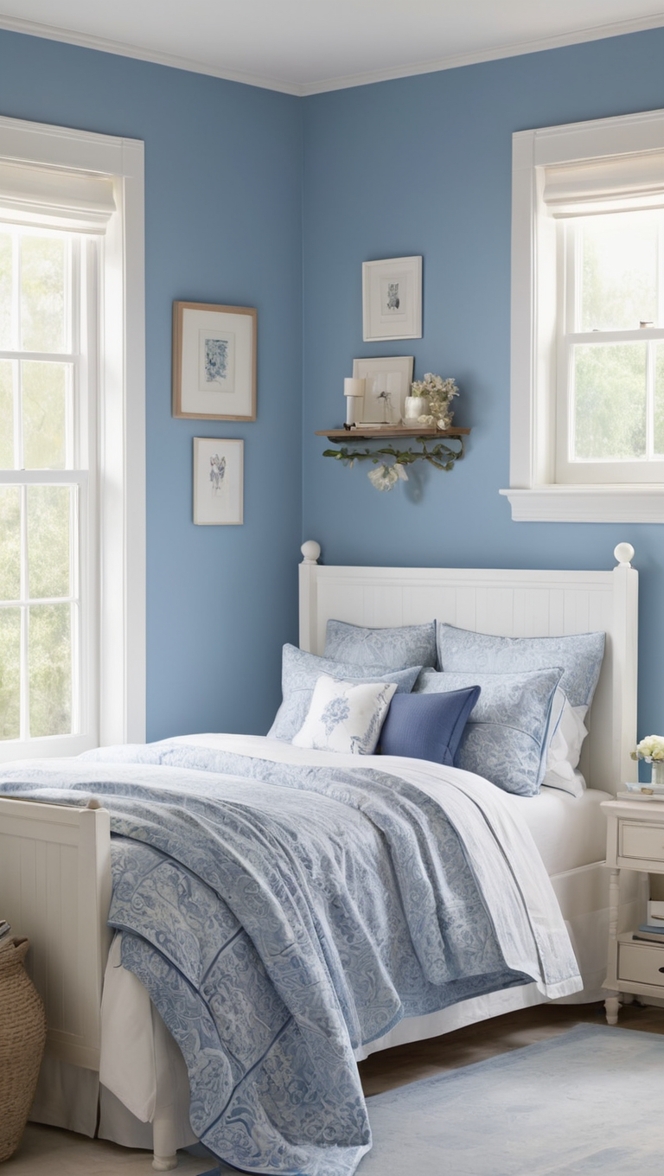 Blue and white decor, Serene bedroom design, Elegant home interiors, Beautiful bedroom inspiration, Timeless bedroom style