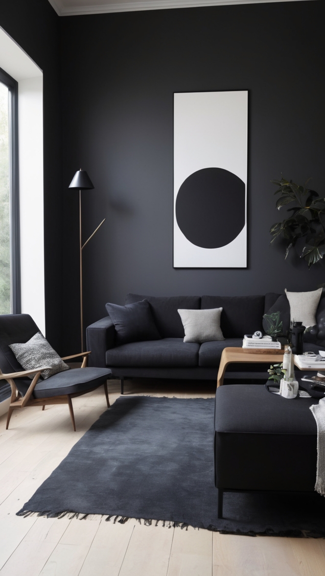 black living room decor, modern black living room, black living room furniture, black and white living room, black living room ideas