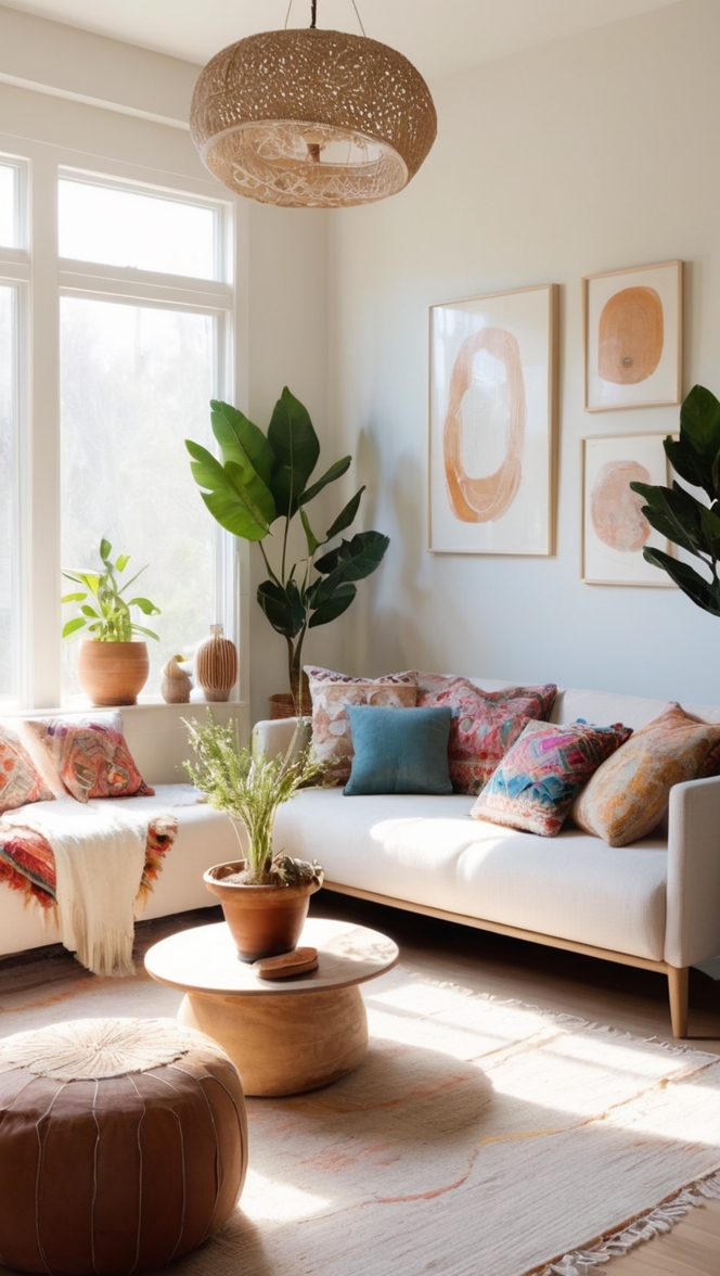 boho chic decor, boho style furniture, modern minimalist living room, Scandinavian boho design, boho-inspired interior design