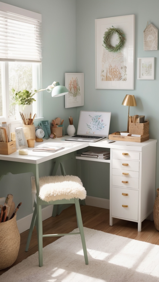 cozy home office setup, organized workspace, ergonomic desk chair, stylish office decor, modern work from home