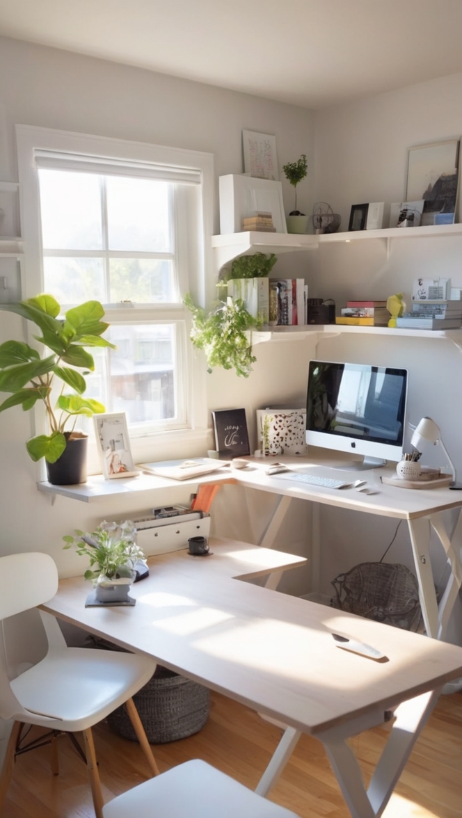 cozy home office setup, organized workspace, ergonomic desk chair, stylish office decor, modern work from home