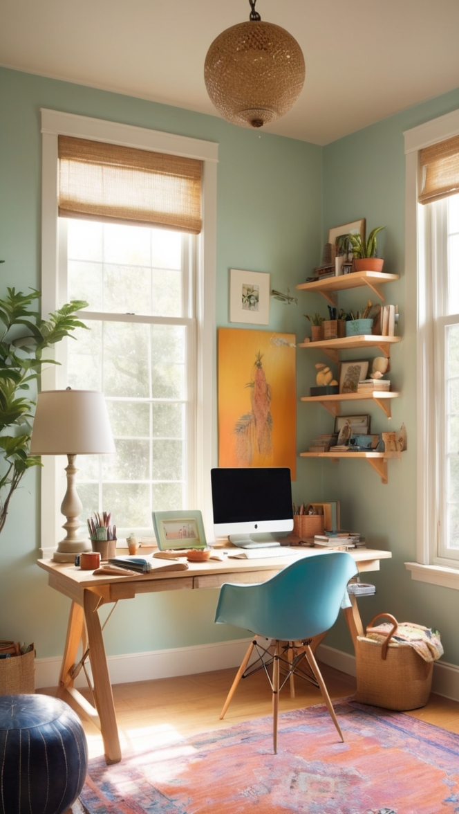 cozy home office decor, eclectic office design, stylish home workspace, home office inspiration, modern work from home