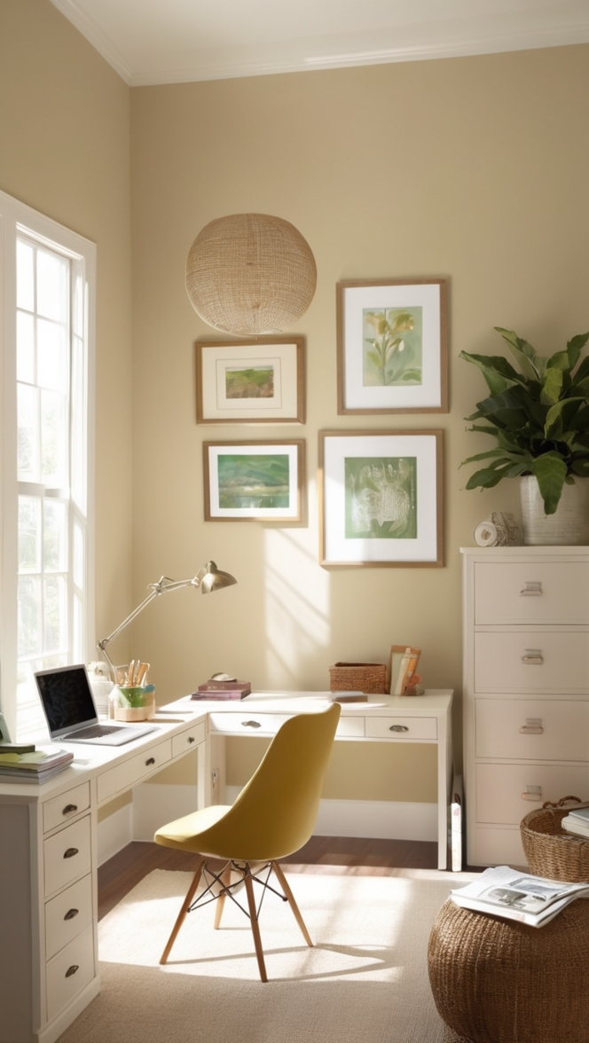 cozy home office decor, home office organization, office design ideas, neutral office furniture, comfortable work space
