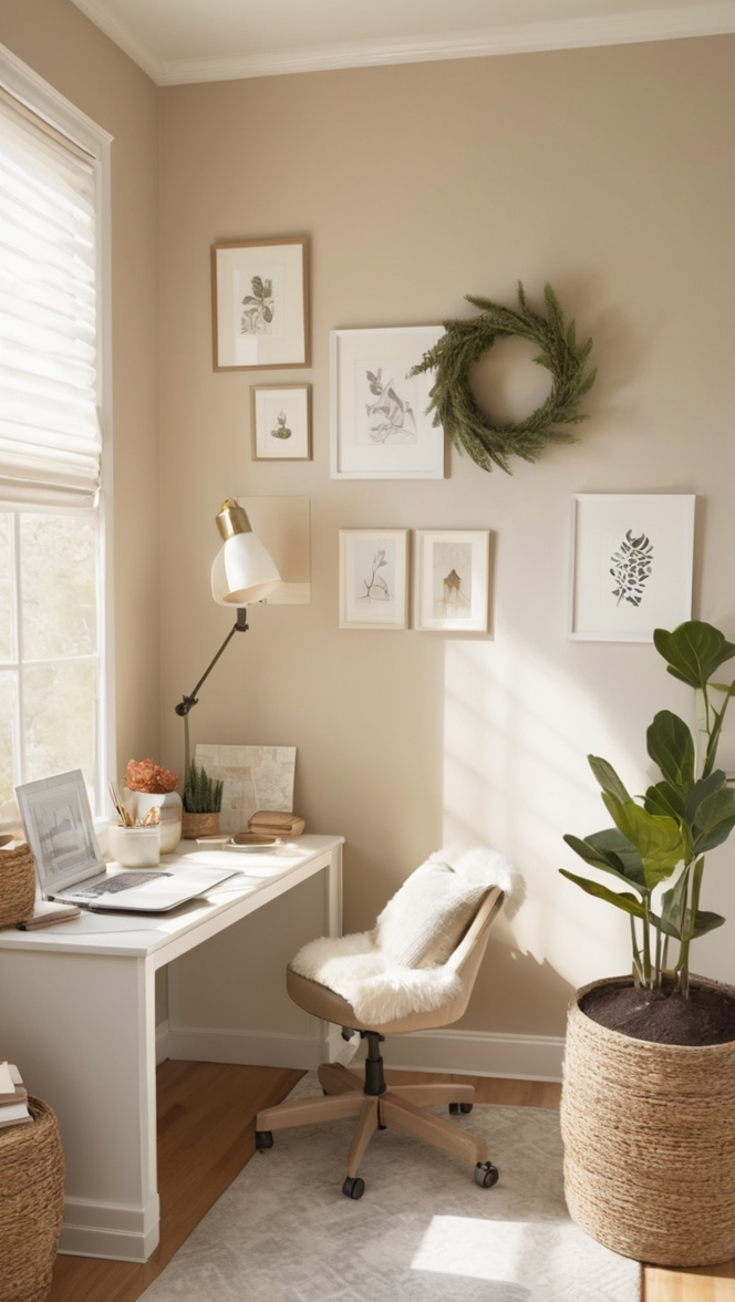 cozy home office decor, home office organization, office design ideas, neutral office furniture, comfortable work space