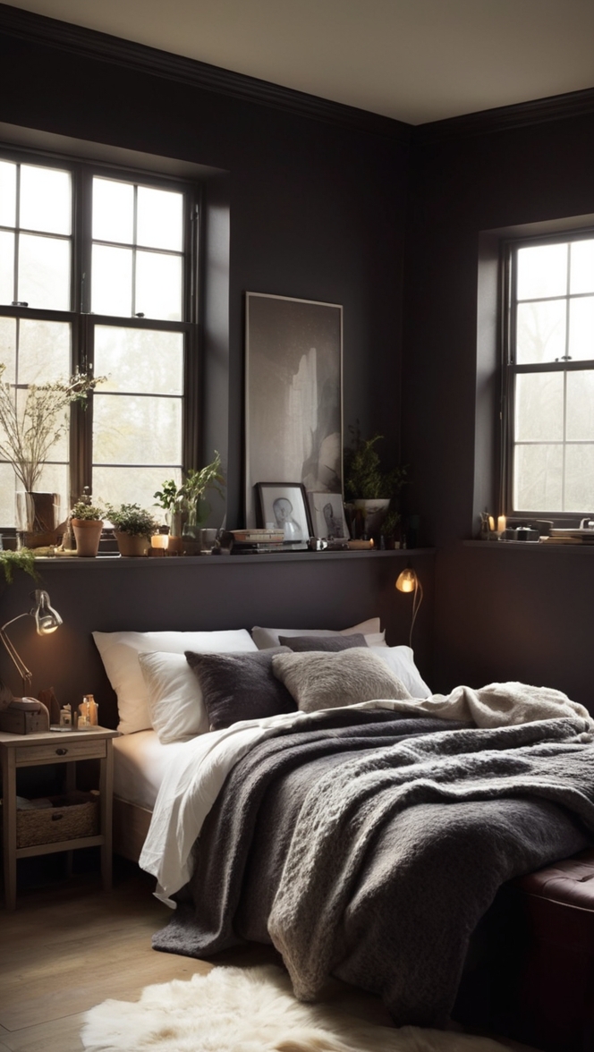 dark bedroom decor, cozy bedroom design, modern cozy bedroom, chic dark bedroom, luxurious bedroom ideas