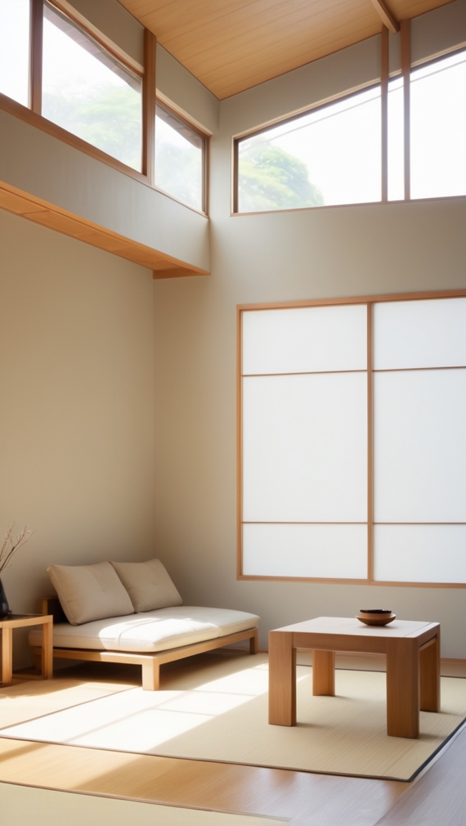 japanese style furniture, minimalist interior design, neutral color palette, modern Japanese decor, contemporary living space