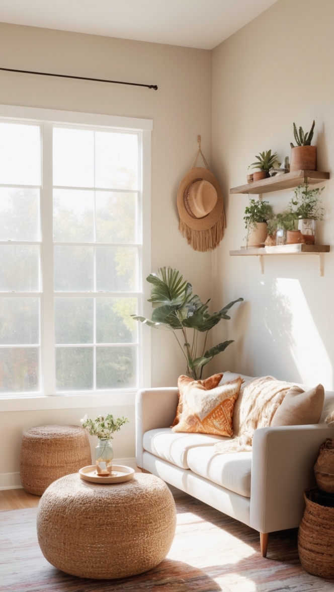 bohemian home decor, minimalist living room ideas, modern boho design, stylish boho chic, trendy minimalist style